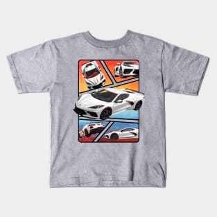 Multiple Angles of the Arctic White C8 Corvette Presented In A Bold Vibrant Panel Art Display Supercar Sports Car Racecar Torch Arctic White Corvette C8 Kids T-Shirt